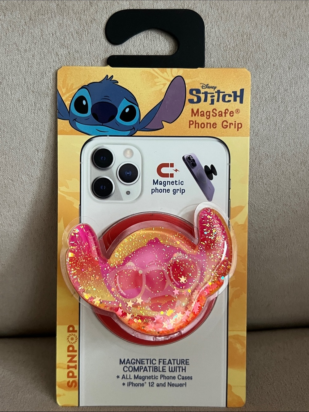 NEW Disney Spinpop Stitch MagSafe Phone Grip - Pink and Gold Glitter